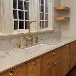 Unlacquered Brass Bridge Kitchen Faucet with Side Sprayer – Solid Brass, Patina-Ready Farmhouse/Designer Sink Tap, Kitchen Sink Faucet