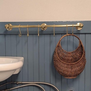 Unlacquered Brass Pot Rail – Wall-Mount Kitchen Organizer, Raw Brass Utensil & Pan Rack | Patina-Ready Farmhouse Storage