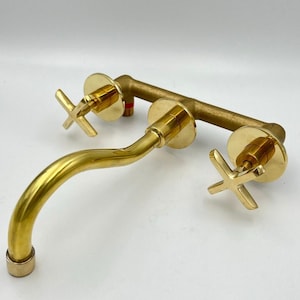 Unlacquered Brass Wall Mounted Bathroom Faucet, Wall Mount Bath Faucet, Bathroom Faucets, Curved Spout Faucet Wall Mounted