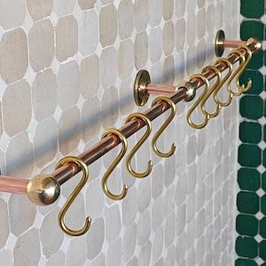 Unlacquered Copper Pot Rail with Brass S Hooks: Handmade Kitchen Hardware
