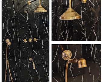 Sistema doccia in ottone non laccato: soffione a pioggia, doccetta, beccuccio per vasca - Patina Ready