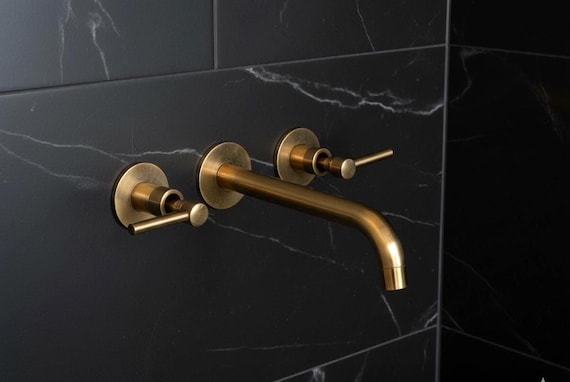 Unlacquered Brass Wall Mounted Faucet | Living Finish Bathroom Tap | Solid Brass Vanity Mixer | Patina Developing Design