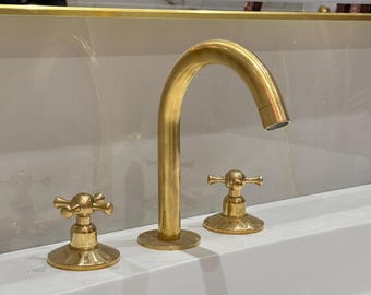Unlacquered Brass Bathroom Faucet: 3-Hole Deck Mount, Cross Handles