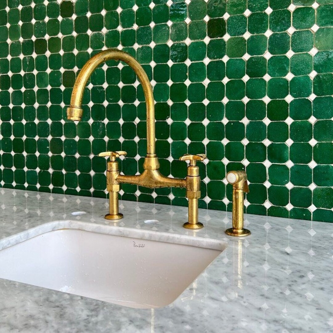 Unlacquered Brass Kitchen Faucet, Solid Brass Bridge Faucet Flat