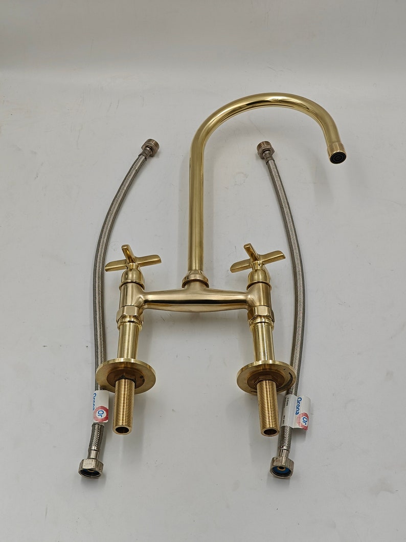 Antique Style, Unlacquered Solid Brass 8" Bridge Faucet, Vintage Kitchen Sink Faucet