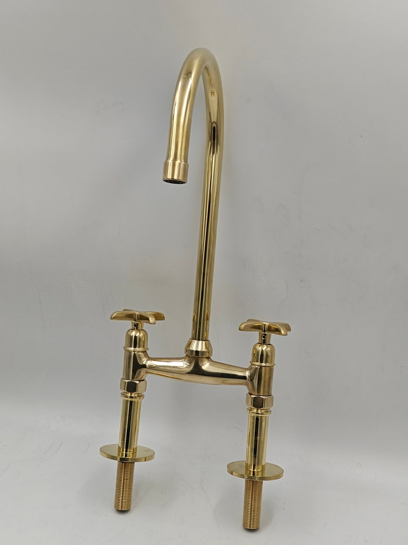 Antique Style, Unlacquered Solid Brass 8" Bridge Faucet, Vintage Kitchen Sink Faucet