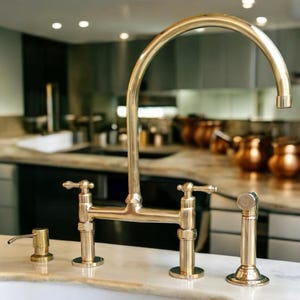 Unlacquered Solid Brass Kitchen Bridge Faucet With Lever Handles, Bridge Design with Swivel Spout, Classic Brass Bridge Faucet With Sprayer.