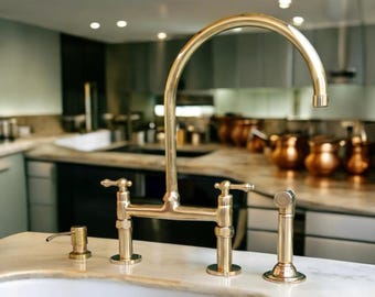 Unlacquered Solid Brass Kitchen Bridge Faucet With Lever Handles, Bridge Design with Swivel Spout, Classic Brass Bridge Faucet With Sprayer.