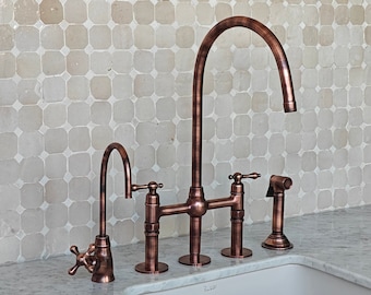 Copper Bridge Faucet 10" With Cold Water Tap & Sprayer - Kitchen Faucets