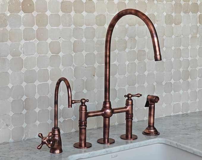 Copper Bridge Faucet 10" With Cold Water Tap & Sprayer - Kitchen Faucets