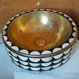 Unlacquered Brass Sink, Bone and Resin Inlay Round Sink, Handmade Vessel Sink