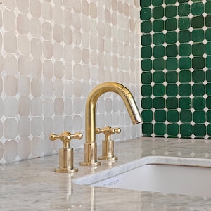 Unlacquered Brass Widespread Bathroom Faucet: 3-Hole Deck Mount