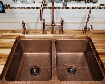 Antique Copper Bridge Faucet 10" With Cold Water Faucet & Sprayer - Kitchen Faucets