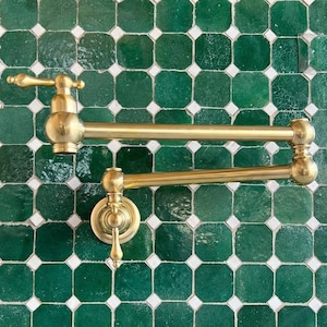 Unlacquered Brass Pot Filler – Wall‑Mount Swing‑Arm Stove Faucet | Raw Brass Patina‑Ready Farmhouse Kitchen, Solid Brass Stove Pot Filler