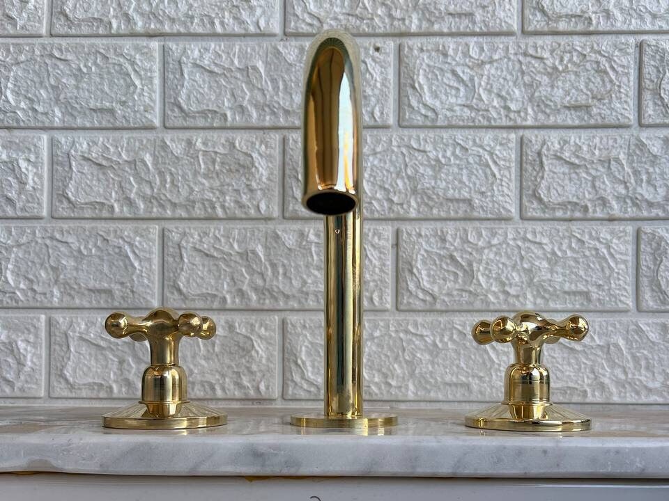 Widespread Bathroom Faucet Sink, Three Holes Faucet, Unlacquered Brass Vanity Faucet Patina Over