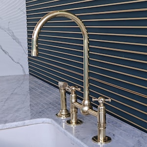 Unlacquered Brass Kitchen Faucet, Solid Brass 8&quot; Bridge faucet with Cross Handles and Straight Legs