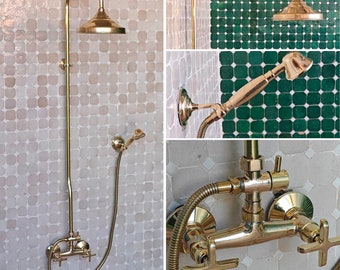 Unlacquered Brass Shower System, Raw Brass Rain Shower & Hand Sprayer, Solid Brass Exposed Shower Set, Unlacquered Exposed Pipe Bathroom Set