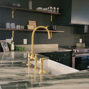 Unlacquered Solid Brass Kitchen Faucet, Antique Brass Bridge Faucet With Sprayer