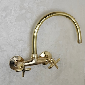 Unlacquered Brass Wall Mount Bath Faucet, Bathroom Vanity Faucet, Antique Brass Faucet