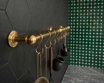 Unlacquered Brass Cookware Rack, Industrial Storage Hanger, Coffee Mug Rail with Hooks, Luxury Apron Wall Rack, Heavy Duty Pan Rod
