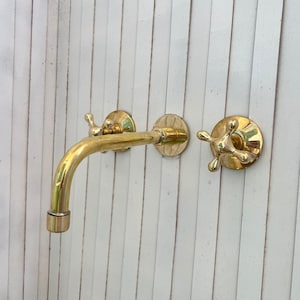 Unlacquered Brass Wall‑Mount Faucet, Vintage Bathroom Sink Tap Set, Solid Brass Wall Faucet, wall mounted sink faucet,sink faucet wall mount