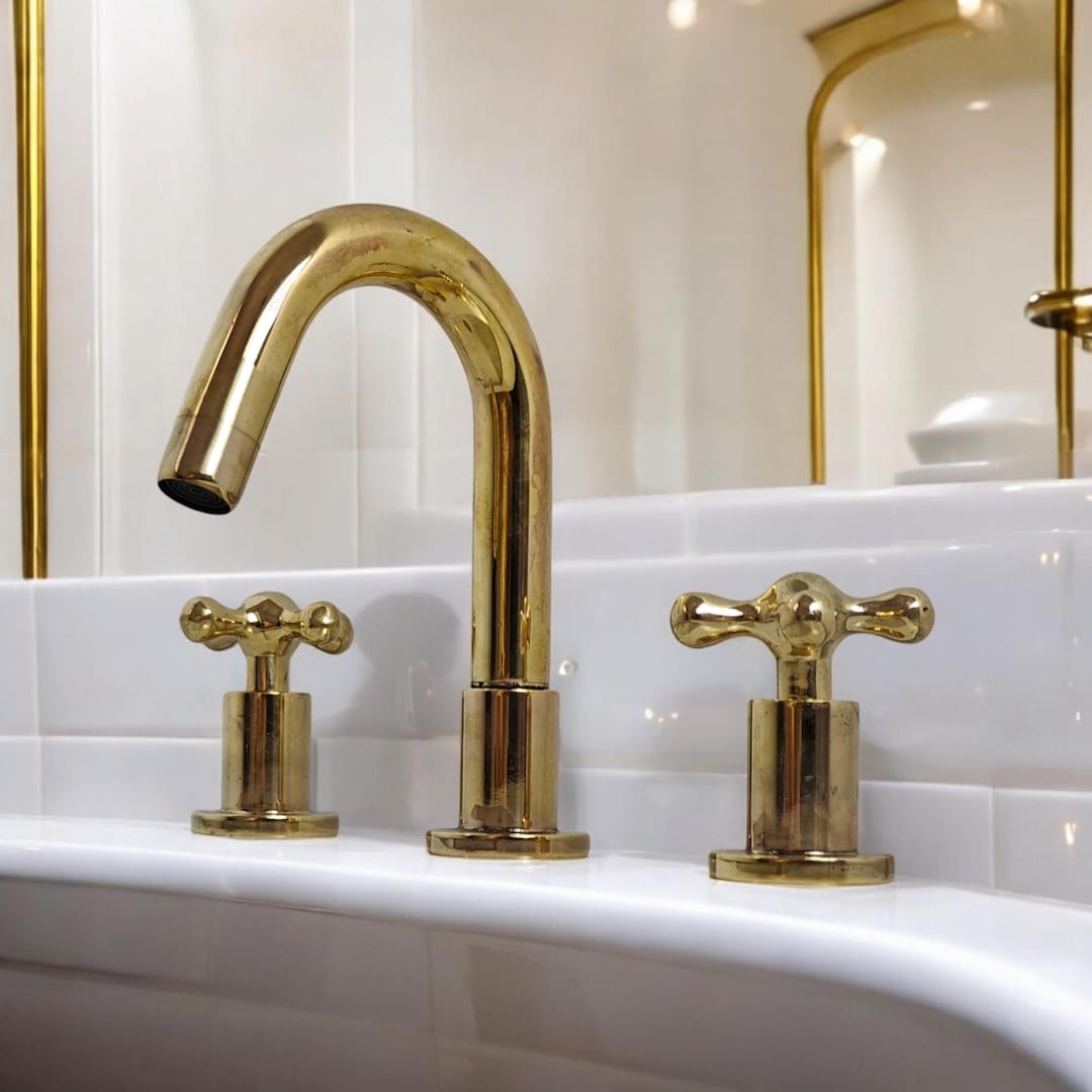 Unlacquered Brass Widespread Bathroom Faucet, Three Hole Bathroom ...