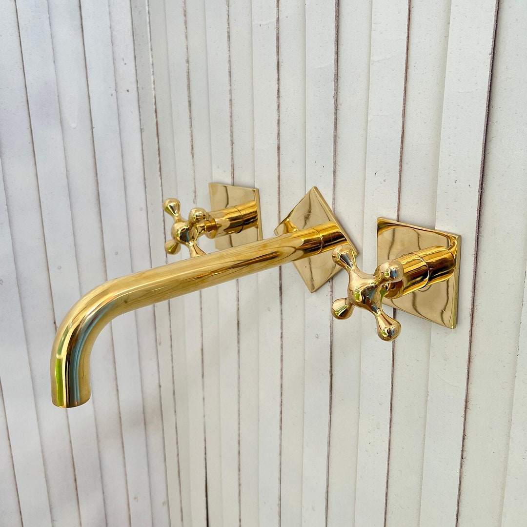 Wall Mounted Bathroom Faucet With Square Baseplate and Cross Handles in ...