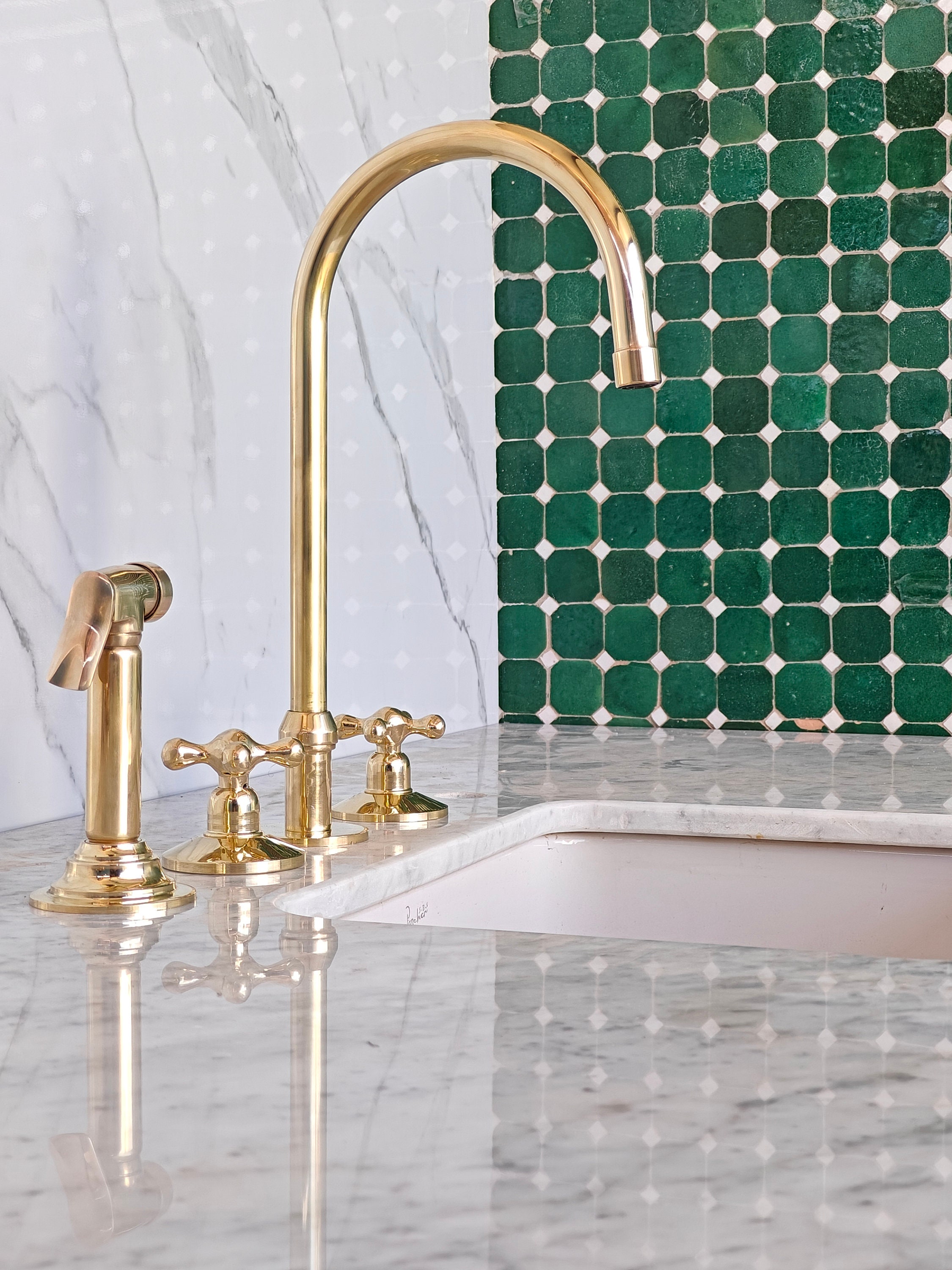 Unlacquered Brass 3-Hole Bridge Kitchen Faucet w/ Solid Brass Side Sprayer, Raw Brass Bridge Faucet & Sprayer Set, Vintage-Look Raw Brass