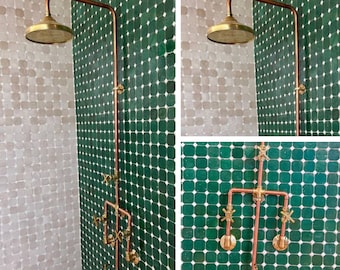 Vintage Cooper and Shower System. Indoor and outdoor Copper shower system with Round shower head