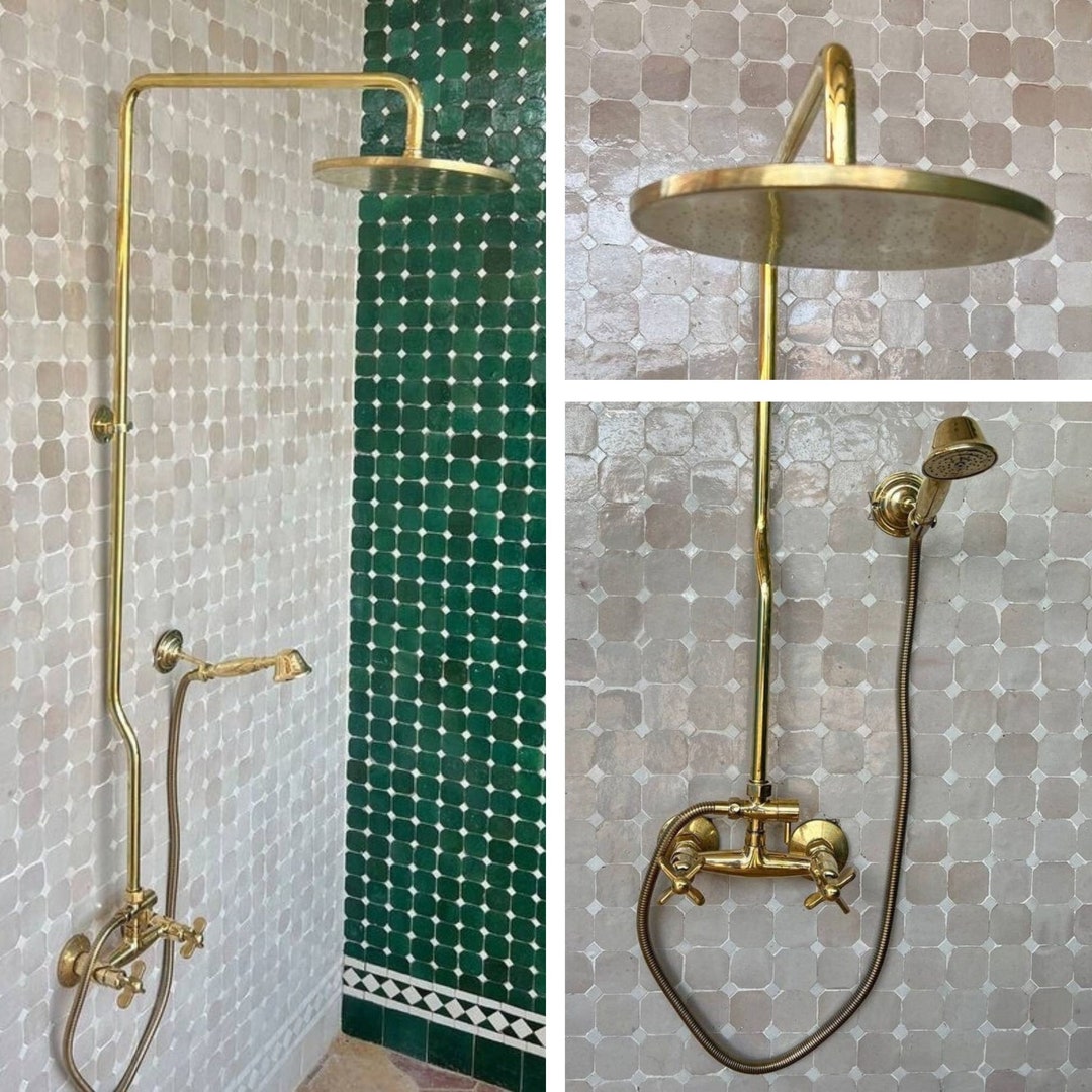 Unlacquered Brass Shower System With Hand Shower, Round Shower Head