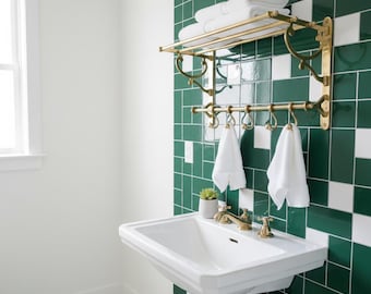 Unlacquered Brass Towel Rack with Shelf & Hooks: Farmhouse Bathroom Storage