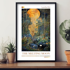 The Melting Moon Art Print - Mount Fuji Forest Poster - Painting Inspired by Gustav Klimt - Gold Green Décor - Boho Gallery Edition Night