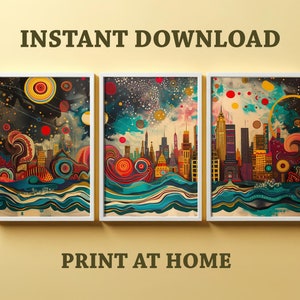 Art Prints - Chicago Skyline Triptychon - Sofortiger Download - Digitale Poster zum Drucken zu Hause - JPEG Dateien - USA Reisekarte Nacht