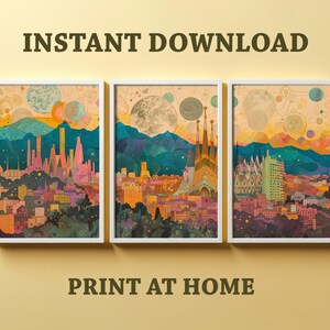 Set von drei Art Prints - Barcelona Skyline Triptychon - Sofortiger Download - Digitale Poster zum Drucken zu Hause - JPEG Dateien - Spanien Reisekarte