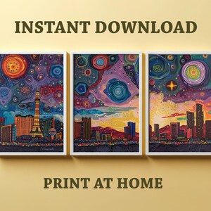 Set von drei Art Prints - Las Vegas bei Nacht Skyline Triptychon - Sofortiger Download - Digitale Poster zum Drucken zu Hause - USA Travel Map City
