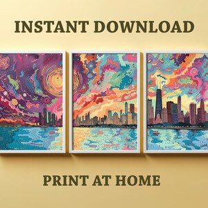 Set van drie kunstafdrukken - Chicago Skyline Triptych - Instant Download - Digitale posters om thuis af te drukken - JPEG-bestanden - USA Travel Map Sun