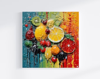 May include: A colorful painting of a still life featuring a variety of fruits, including lemons, oranges, kiwi, and cherries. The fruits are arranged in a cluster and painted in a realistic style with thick brushstrokes.