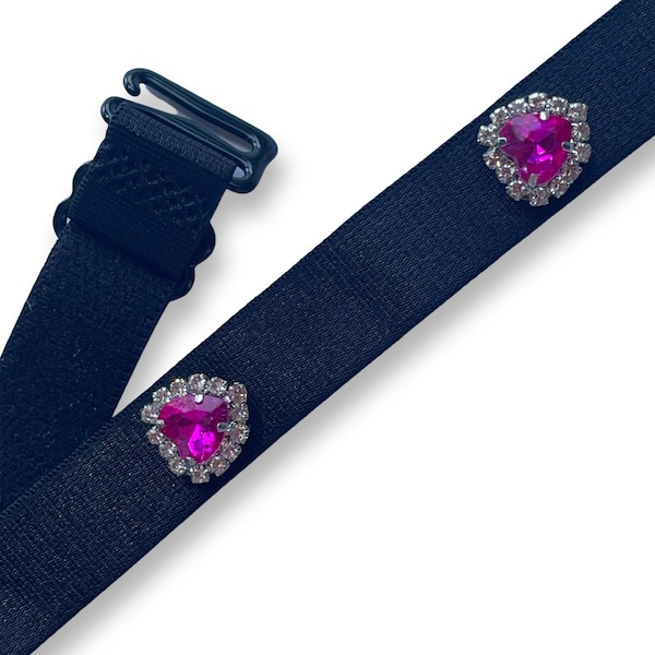 Black Bra Straps With Fuchsia Crystal Rhinestone Hearts