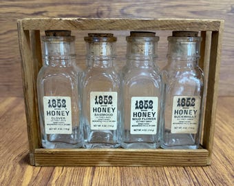 Vintage Honey Acres 1852 Brand pure honey 4 ounce bottles and wooden case