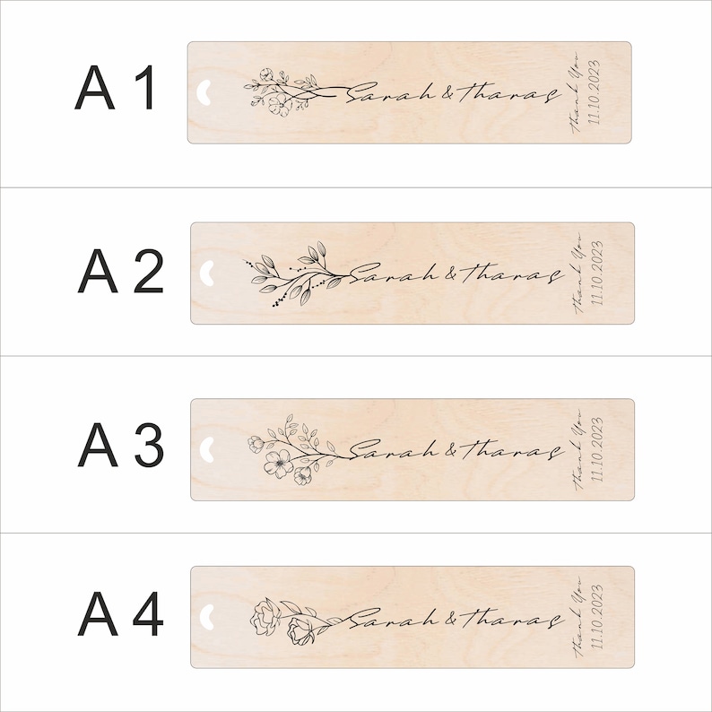 Pode incluir: Quatro marcadores de p&aacute;gina de madeira com um design floral e o texto "Sarah & Tharas" e "Obrigado 11.10.2023".