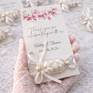 Wedding Favors with Vegan Fruit Heart Candies | Clear Candy Box with Pearl Ribbon | Elegant Bridal Shower Gifts | Unique Guest Favors