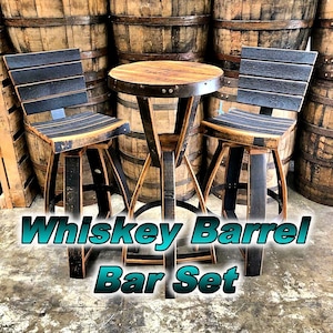 Whiskey Barrel Bar Set - Swiveling Barstools with Backrest - Bourbon Barrel Furniture - Home Bar Decor - Distillery Furnishings - Reclaimed