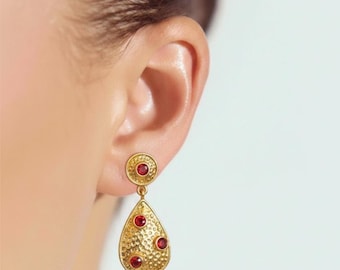 Gold Vermeil Teardrop Drop Earrings, Ruby Red Multi-Color Gemstone Gift