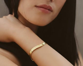Hammered Gold Cuff Bracelet, Minimalist Wavy Bangle, Textured Statement Open Adjustable Wristband