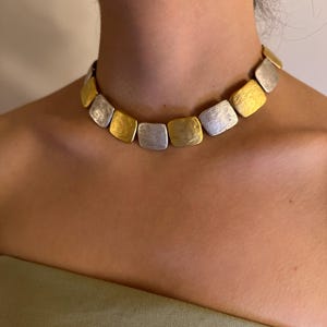Two Tone Antique Necklace, Hammered Metal Necklace, Vintage Inspired Jewelry, Statement Necklace, Unique Gold Silver Necklace, Gift for Her