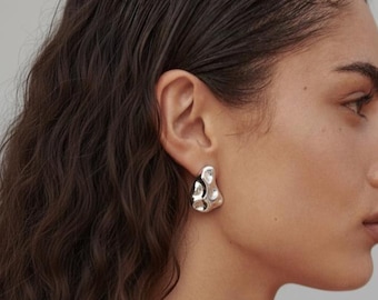 Handmade Textured Silver Statement Earrings: Abstract Sculptural Jewelry