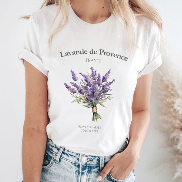 Beau T-shirt de lavande française, chemise de Provence France, chemise florale d'été, cadeau botanique pour elle, cadeau d'amant de fleur