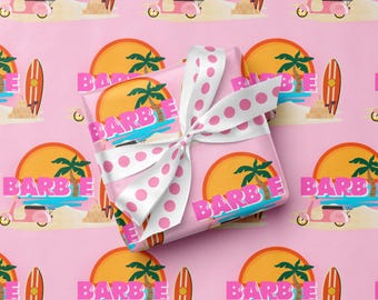 Barbie Beach Wrapping Paper Sunset Gift Wrap Barbie Wrapping Paper Kids Wrap Paper Beach Wrapping Paper Palm Tree Gift Warp Pink Wrap Paper