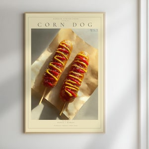 Stampa vintage di corn dog coreano / Decorazione murale da cucina con cibo di strada (download digitale)