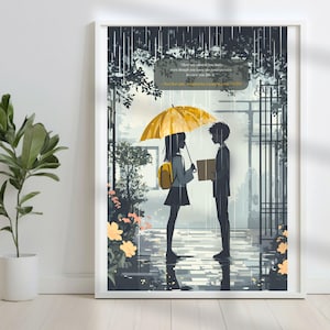 以下が含まれることがあります： 雨の中に立つ二人のシルエットが描かれた縦型のアートプリント。一人は明るい黄色の傘を差し、リュックサックを背負っており、もう一人は長方形の物体を持っている。テキストは次の通り：There are also other facts, even though you have the poor memory because you like it. You can be replaced by a lovely human right?